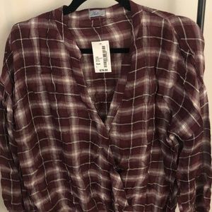 Long Sleeve Plaid Wrap Blouse